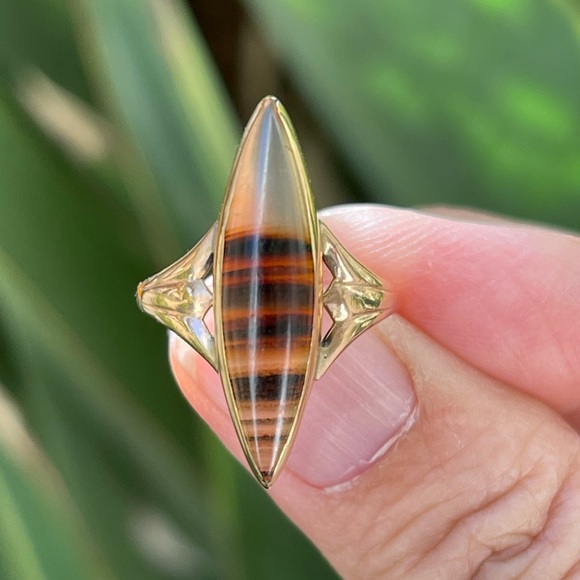 Victorian antique solid 10K rose gold banded agate ring - Picture 2 of 11